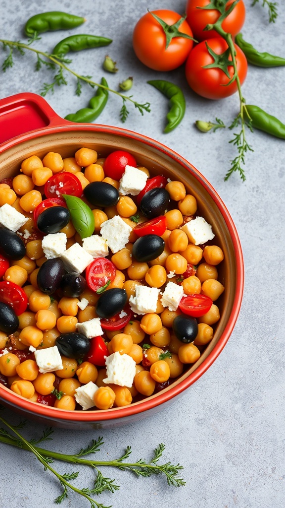 A Mediterranean Chickpea Casserole with chickpeas, cherry tomatoes, olives, and feta cheese in a red baking dish.
