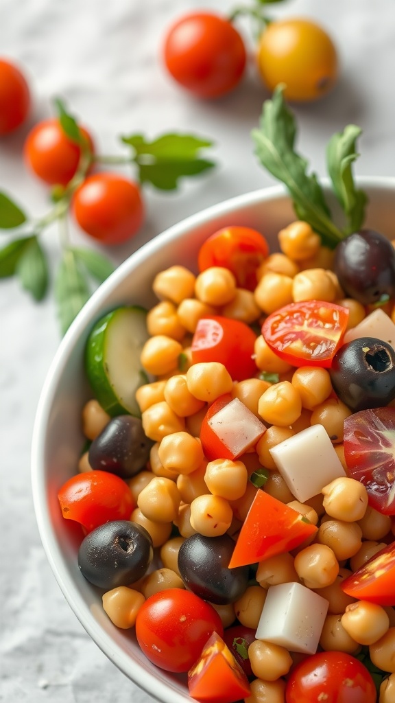 A bowl of Mediterranean Chickpea Salad with colorful vegetables.