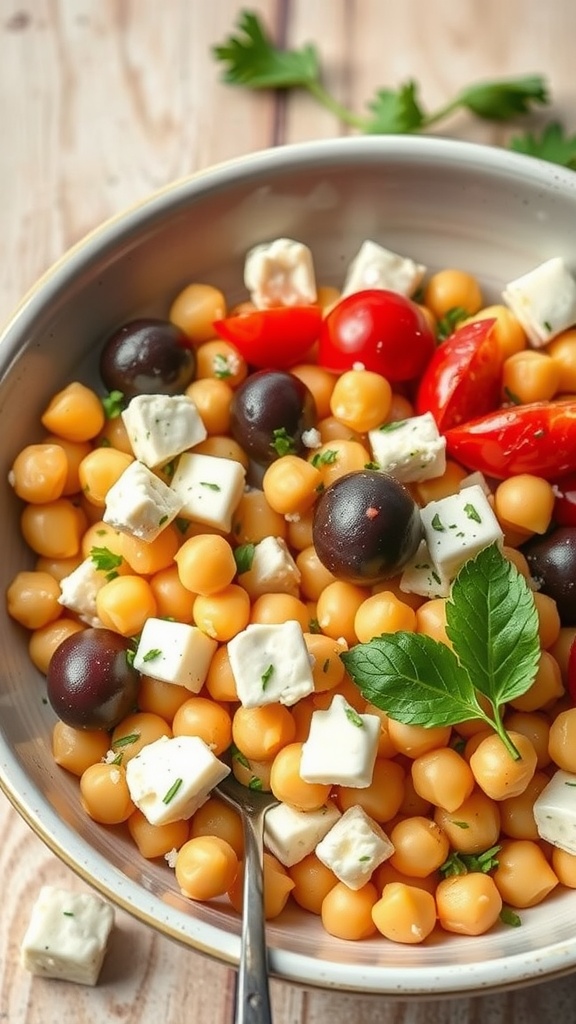 A bowl of Mediterranean Chickpea Salad featuring chickpeas, tomatoes, feta, and olives.