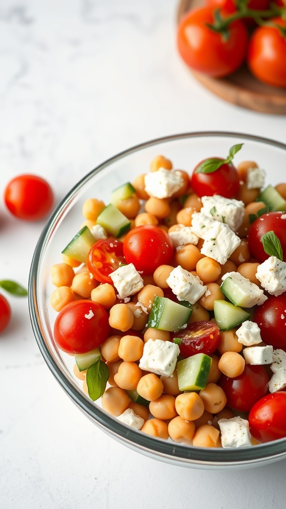 A bowl of Mediterranean Chickpea Salad with cherry tomatoes, cucumbers, and feta cheese.
