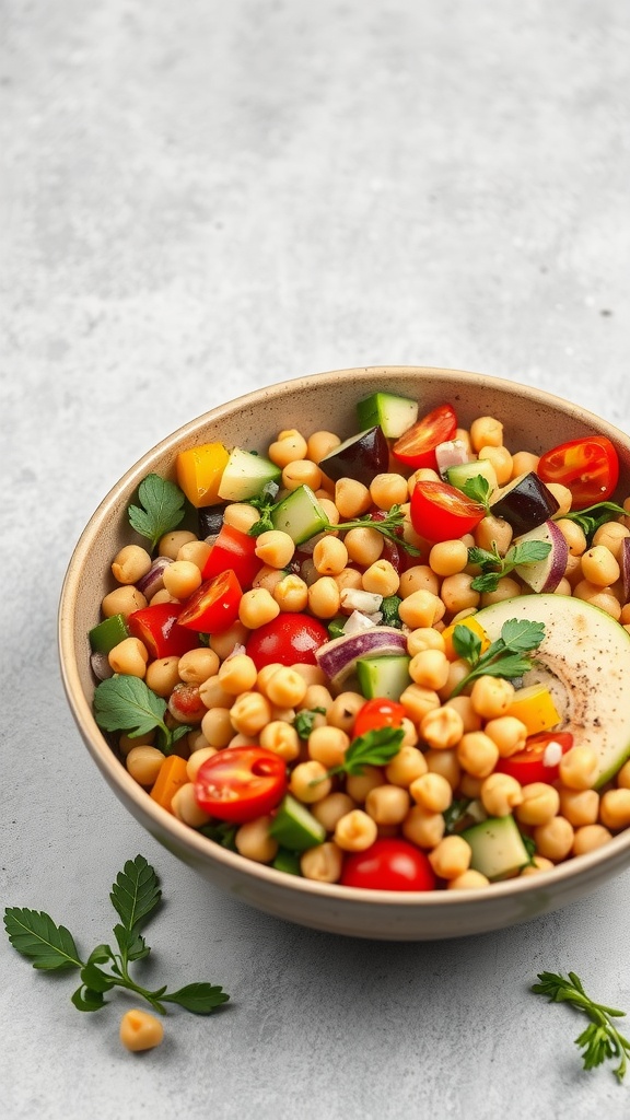 A bowl of Mediterranean Chickpea Salad with colorful vegetables
