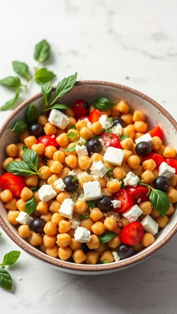 Mediterranean Chickpea Salad with tomatoes, olives, and feta cheese.