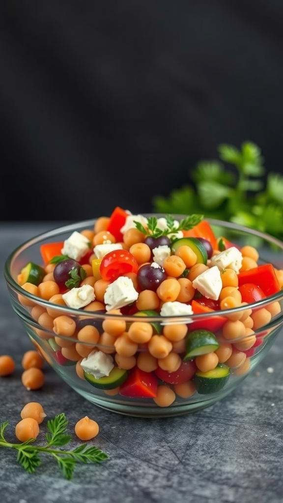 A vibrant bowl of Mediterranean Chickpea Salad with colorful vegetables and feta cheese.