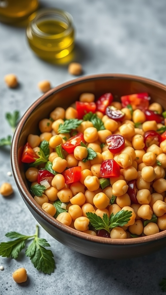 A bowl of Mediterranean Chickpea Salad with chickpeas, cherry tomatoes, and fresh herbs.