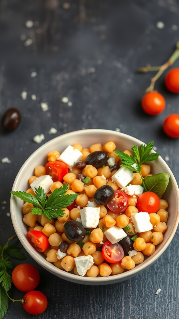 A bowl of Mediterranean Chickpea Salad with chickpeas, cherry tomatoes, olives, and feta cheese.