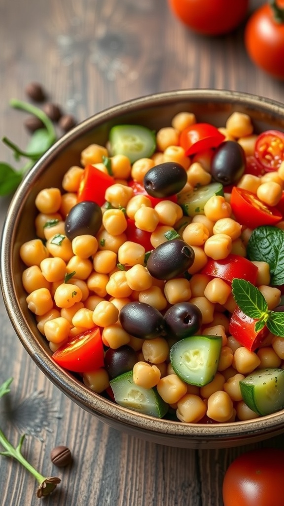 A bowl of Mediterranean Chickpea Salad with chickpeas, tomatoes, cucumbers, and olives.