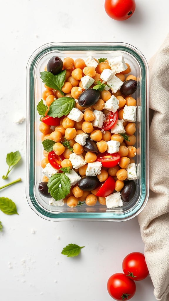 A colorful Mediterranean Chickpea Salad in a glass container with cherry tomatoes, olives, feta cheese, and fresh herbs.