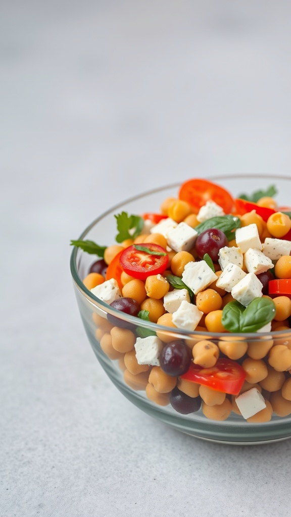 A vibrant Mediterranean Chickpea Salad in a glass bowl, featuring chickpeas, cherry tomatoes, feta cheese, and fresh herbs.