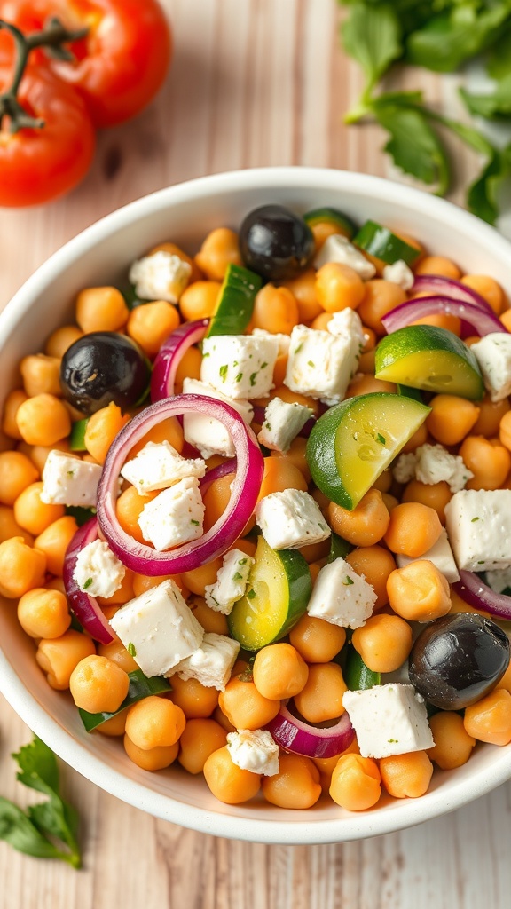 A colorful Mediterranean Chickpea Salad Bowl with chickpeas, cucumbers, red onions, black olives, and feta cheese.