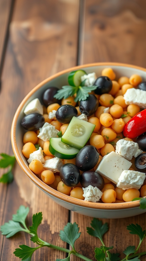A Mediterranean Chickpea Salad Bowl filled with chickpeas, olives, cucumbers, feta cheese, and cherry tomatoes.