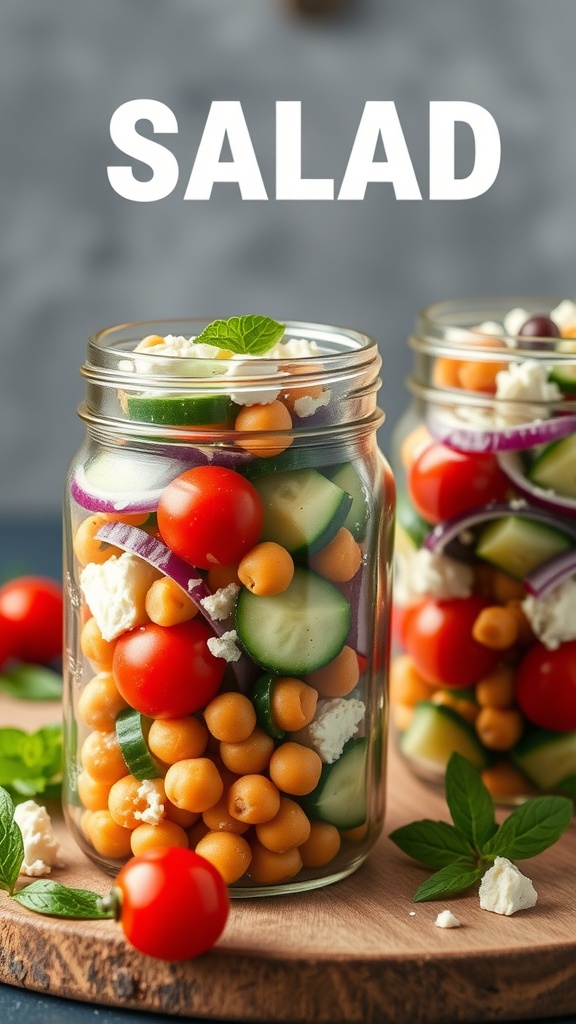 Two jars of Mediterranean chickpea salad with colorful layers of vegetables and feta cheese.