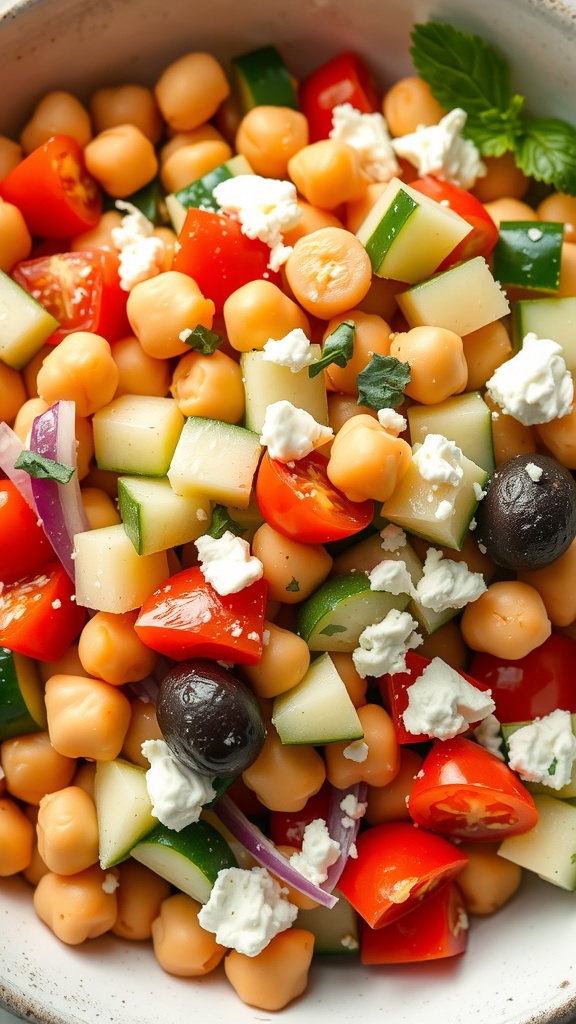 A colorful Mediterranean Chickpea Salad with feta cheese, cherry tomatoes, cucumber, and olives.