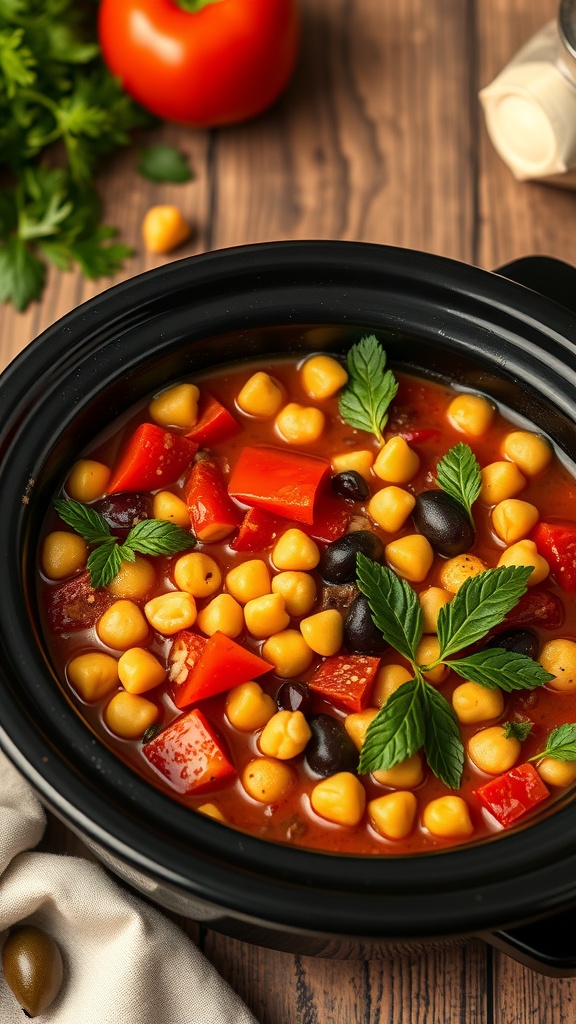 A bowl of Mediterranean Chickpea Stew with chickpeas, bell peppers, and olives in a slow cooker.