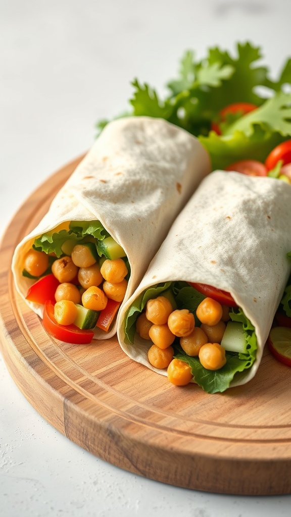 Mediterranean Chickpea Wrap with fresh vegetables on a wooden board