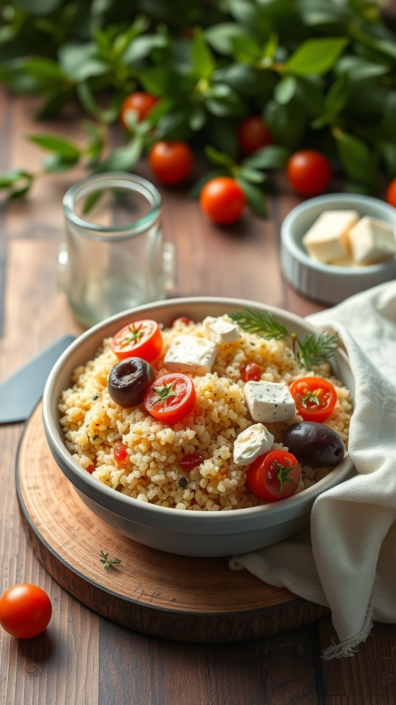 A bowl of Mediterranean Couscous with cherry tomatoes, olives, and feta cheese