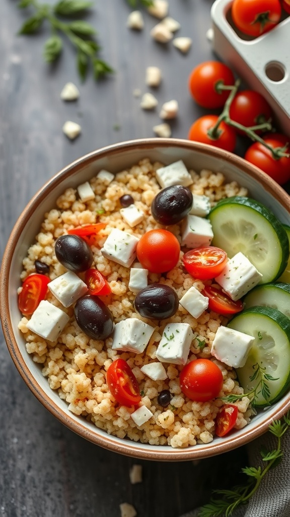 A Mediterranean couscous bowl filled with cherry tomatoes, cucumber slices, black olives, and feta cheese on top of fluffy couscous.