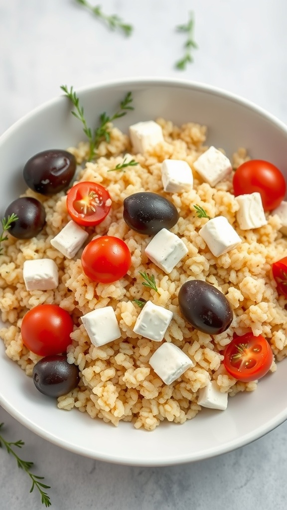 A Mediterranean Couscous Bowl with couscous, cherry tomatoes, feta cheese, and olives.