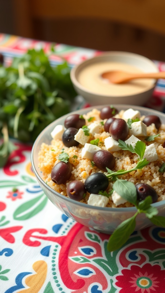 A Mediterranean Couscous Bowl with olives, feta cheese, and fresh herbs.