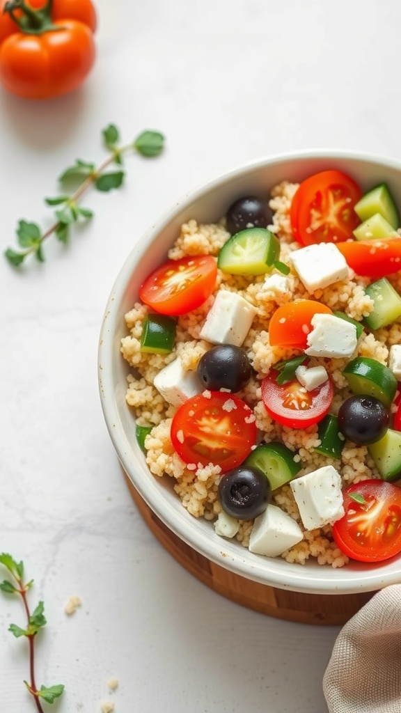 A bowl of Mediterranean couscous salad with tomatoes, cucumbers, olives, feta, and herbs.