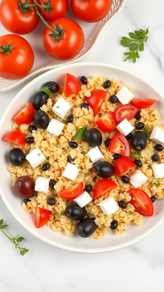 A bowl of Mediterranean Couscous Salad with tomatoes, black olives, and feta cheese.
