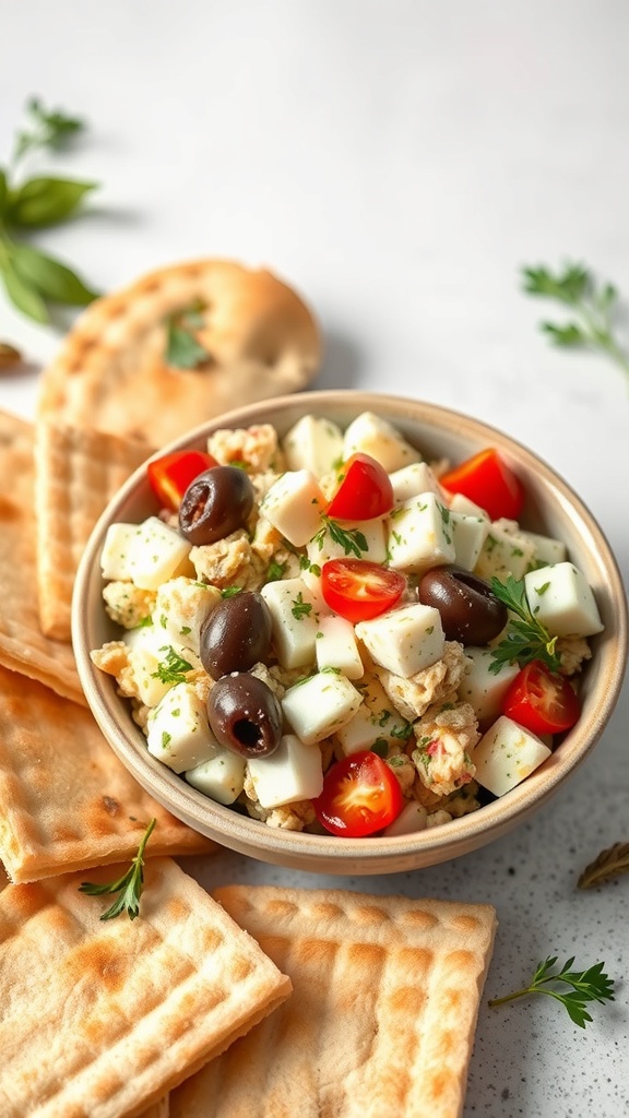 A bowl of Mediterranean egg salad with feta cheese, cherry tomatoes, and olives, served with flatbreads.