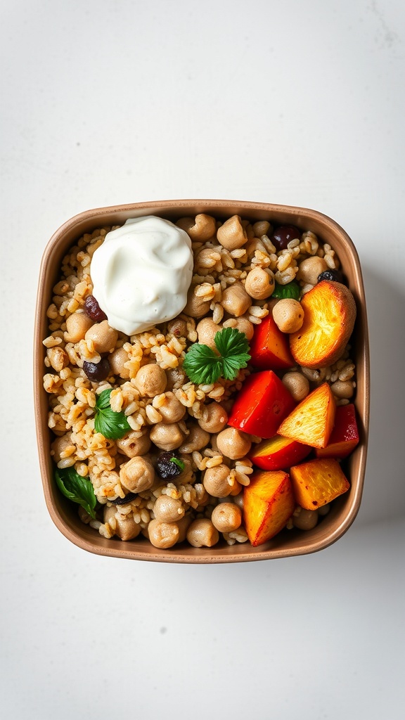 A Mediterranean grain bowl with chickpeas, roasted vegetables, and yogurt.