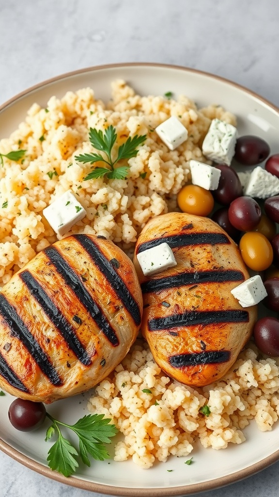 Mediterranean grilled chicken served with couscous and garnished with cherry tomatoes and feta cheese.