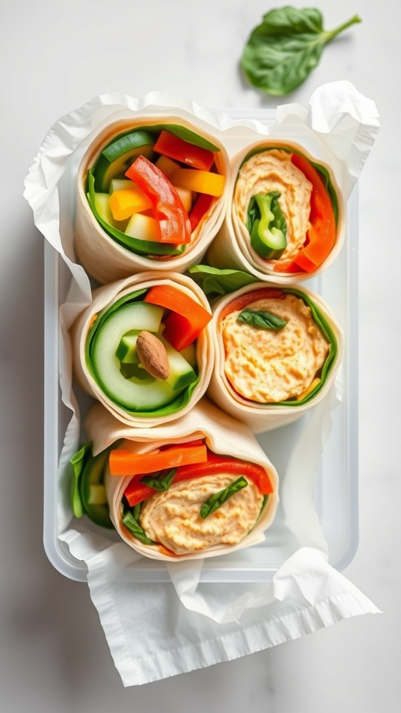 A lunchbox containing Mediterranean hummus and veggie wraps with colorful vegetables.
