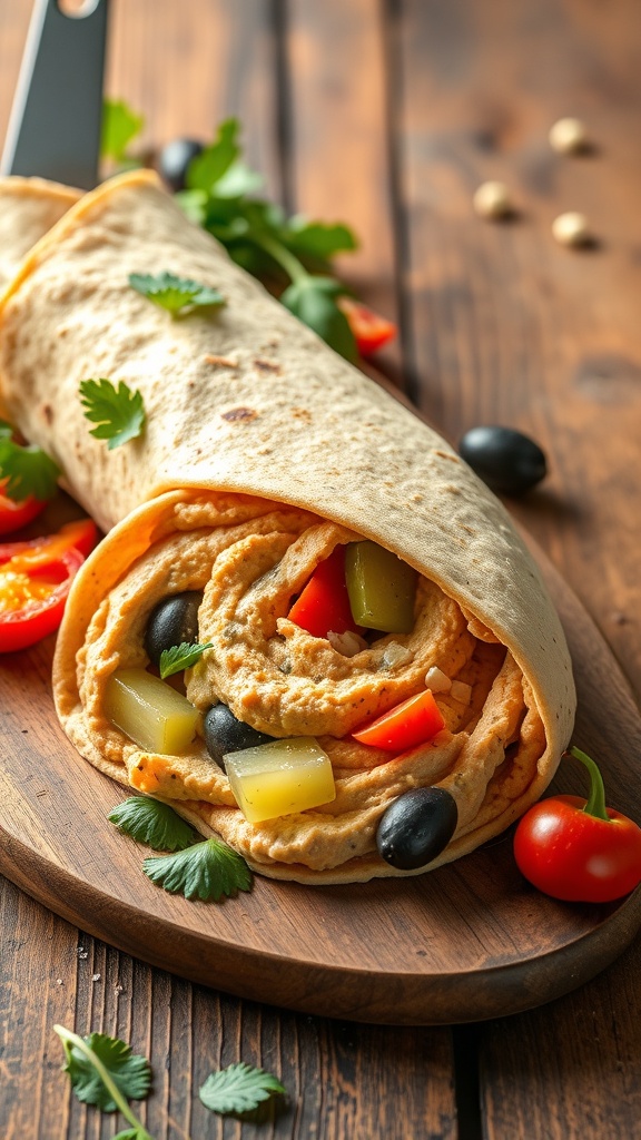 A Mediterranean Hummus Wrap filled with colorful vegetables.