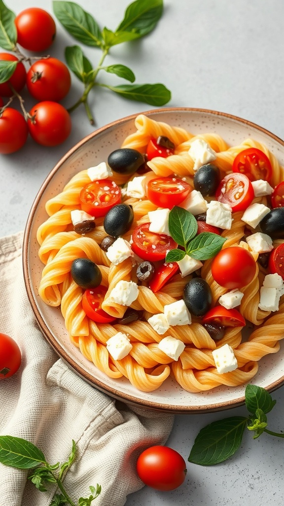 A vibrant Mediterranean Pasta Salad with pasta, cherry tomatoes, olives, and feta cheese.