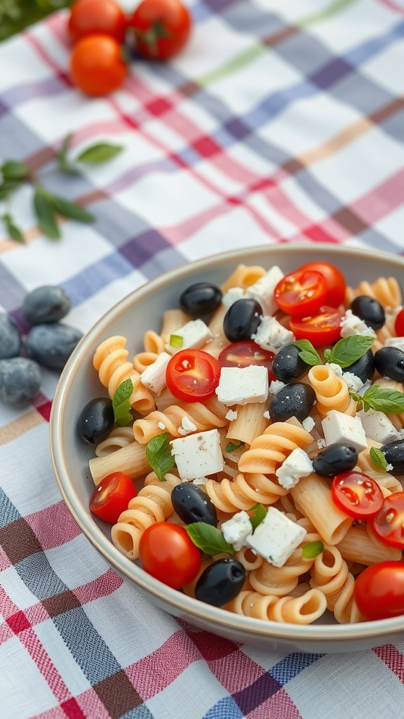 A bowl of Mediterranean pasta salad with cherry tomatoes, olives, and feta cheese on a picnic blanket.