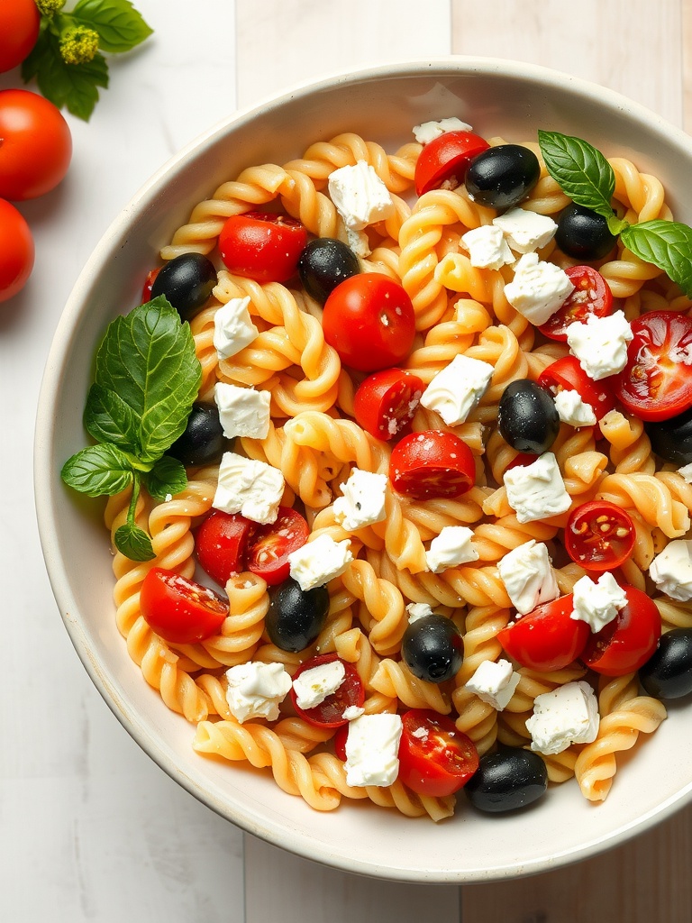 A bowl of Mediterranean pasta salad with feta, cherry tomatoes, black olives, and fresh basil.