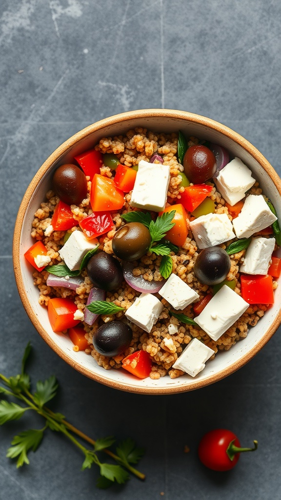 A colorful Mediterranean quinoa bowl with vegetables and feta cheese