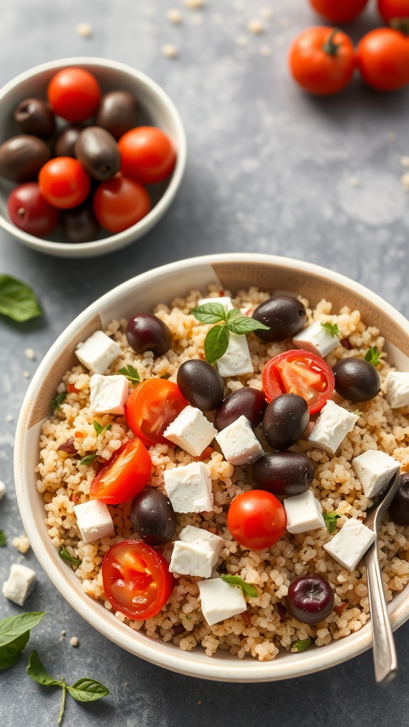 A Mediterranean Quinoa Bowl with cherry tomatoes, olives, and feta cheese.