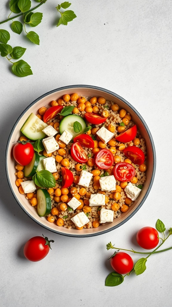 A Mediterranean quinoa bowl with chickpeas, cherry tomatoes, cucumber, feta cheese, and basil.