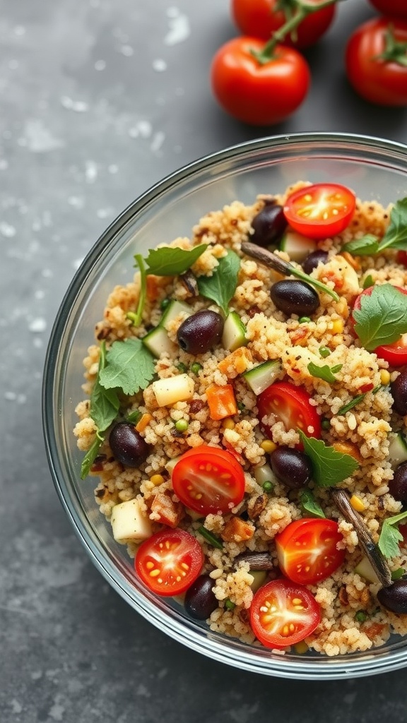 A bowl of Mediterranean Quinoa Salad with vegetables.