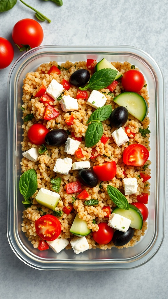 A colorful Mediterranean quinoa salad with cherry tomatoes, cucumber, feta cheese, and olives.