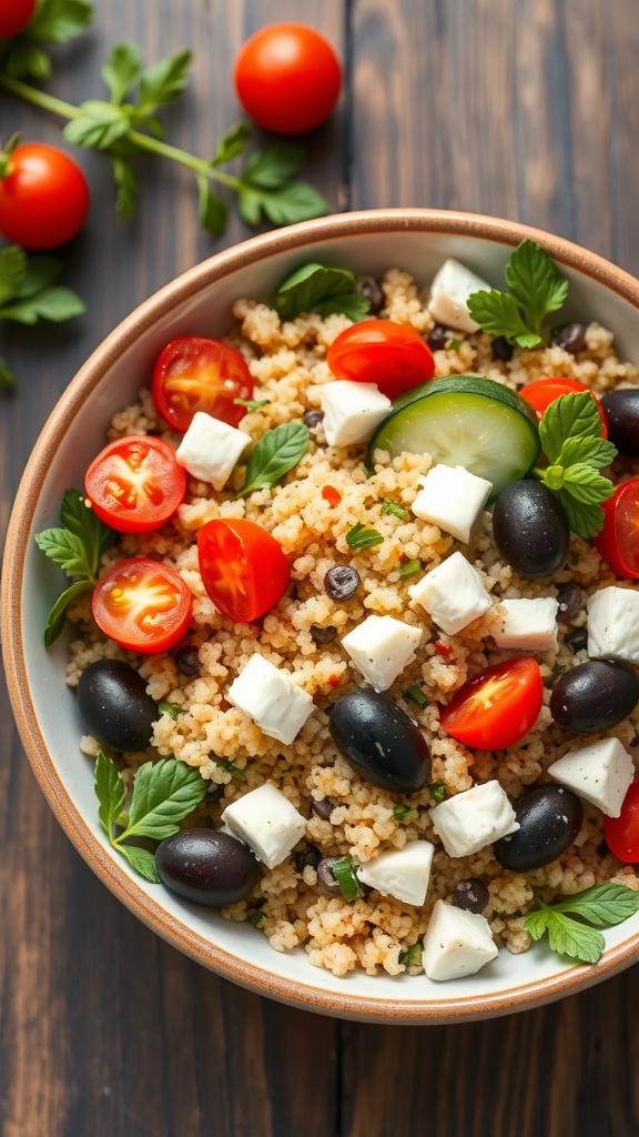 A bowl of Mediterranean quinoa salad with cherry tomatoes, cucumbers, olives, and feta cheese.