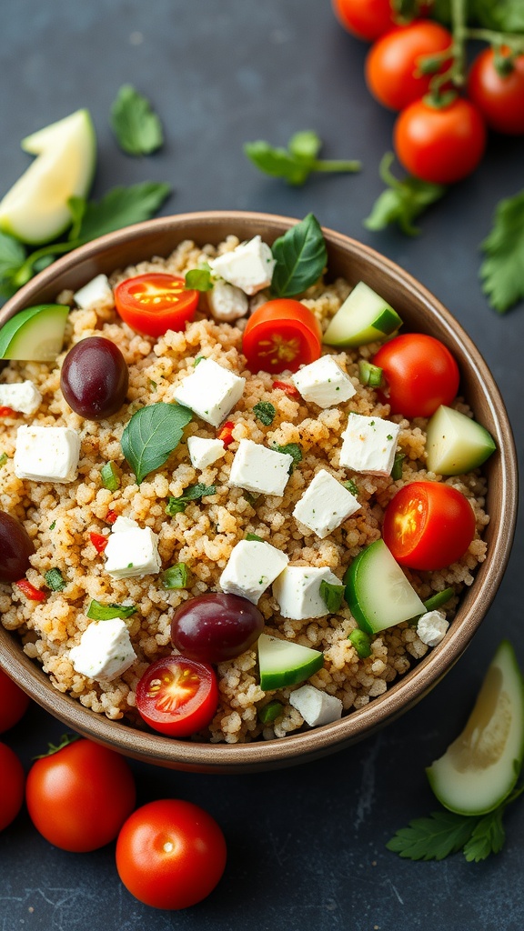 A bowl of Mediterranean Quinoa Salad with cherry tomatoes, cucumbers, feta cheese, and olives.