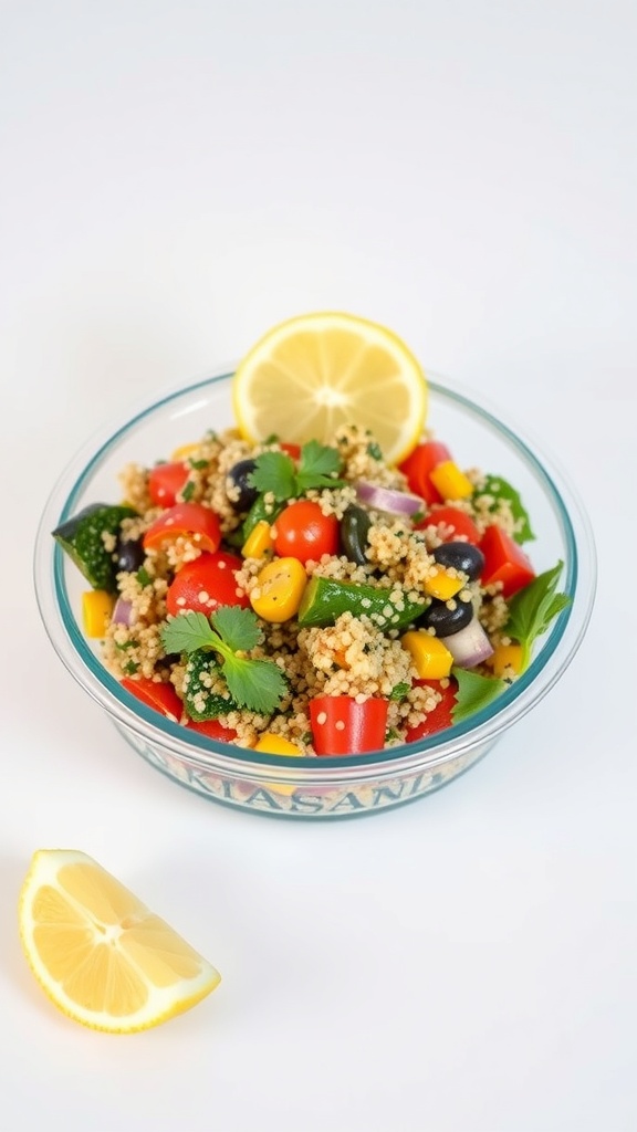 A bowl of Mediterranean Quinoa Salad with colorful vegetables and a lemon slice