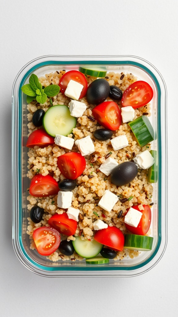 A colorful Mediterranean quinoa salad with cherry tomatoes, cucumbers, olives, and feta cheese in a glass container.