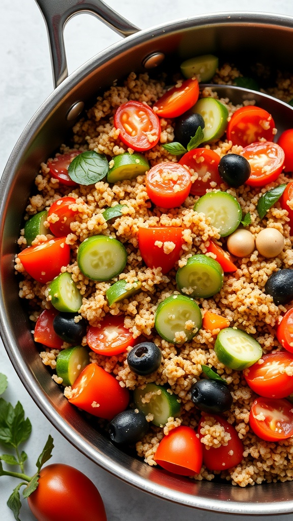 A colorful Mediterranean quinoa salad in a skillet with cherry tomatoes, cucumbers, and olives.