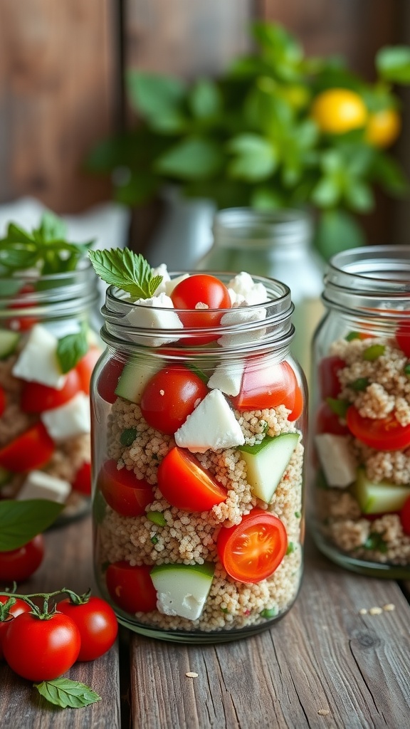 A colorful Mediterranean quinoa salad jar filled with quinoa, cherry tomatoes, cucumber, feta cheese, and herbs.