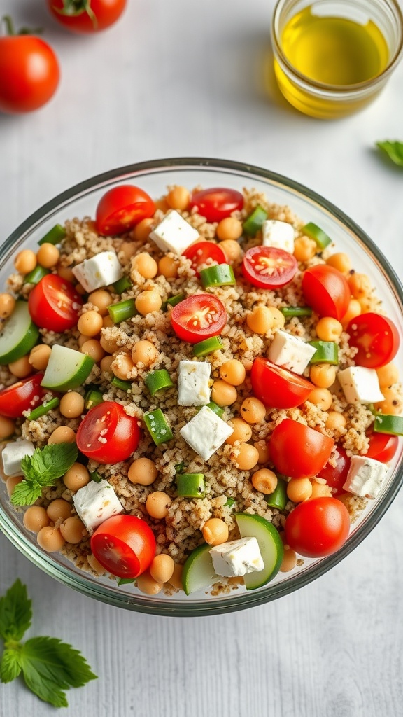 A bowl of Mediterranean quinoa salad with chickpeas, cherry tomatoes, cucumbers, and feta cheese, drizzled with olive oil.