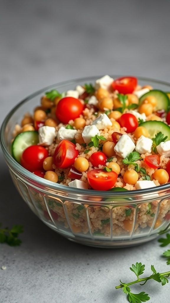 A bowl of Mediterranean quinoa salad with chickpeas, cherry tomatoes, cucumbers, and feta cheese.