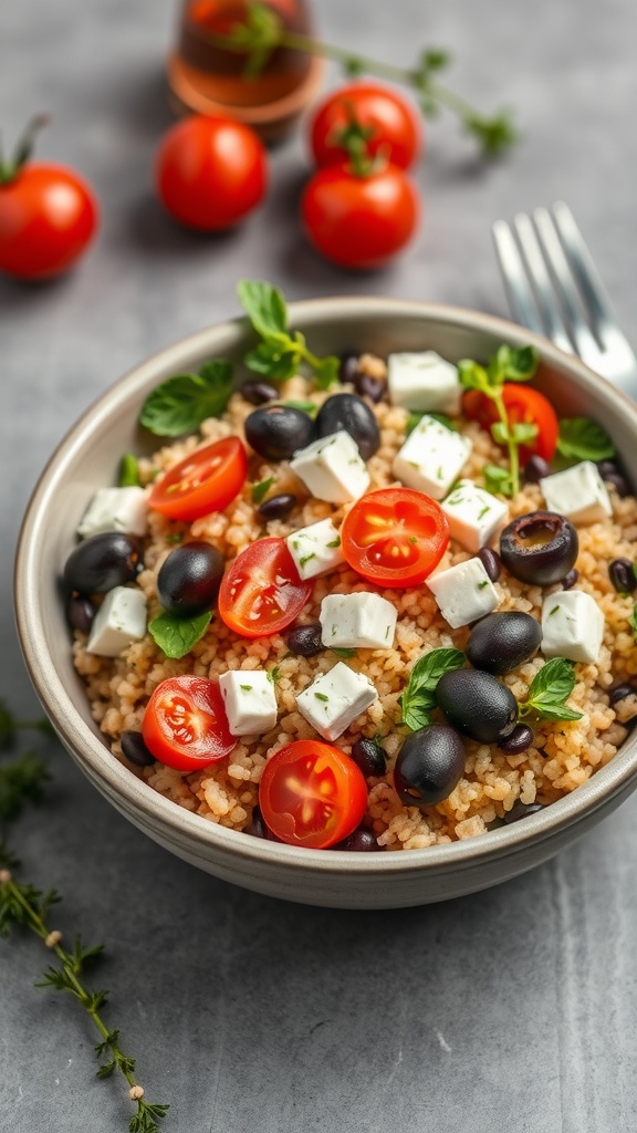 A bowl of Mediterranean Quinoa Salad with Feta, featuring quinoa, cherry tomatoes, black olives, and feta cheese.