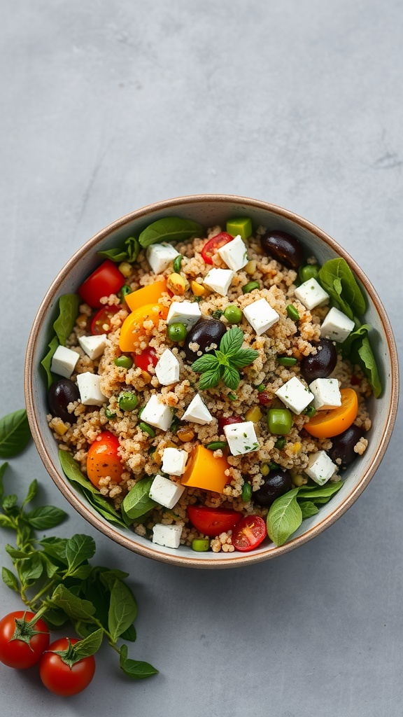 A bowl of Mediterranean Quinoa Salad with colorful vegetables and feta cheese.