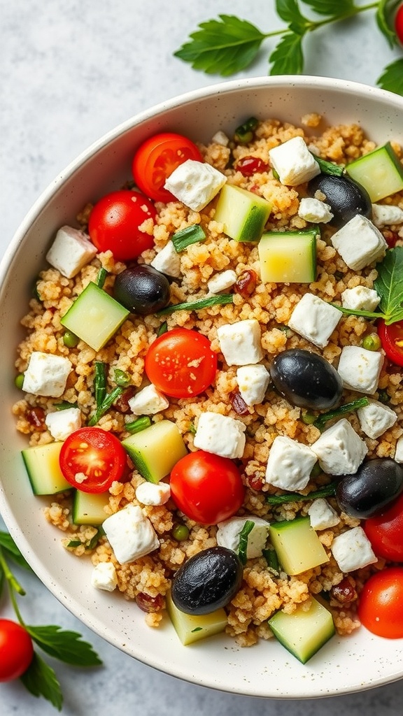 A bowl of Mediterranean Quinoa Salad with cherry tomatoes, cucumbers, feta cheese, and olives.