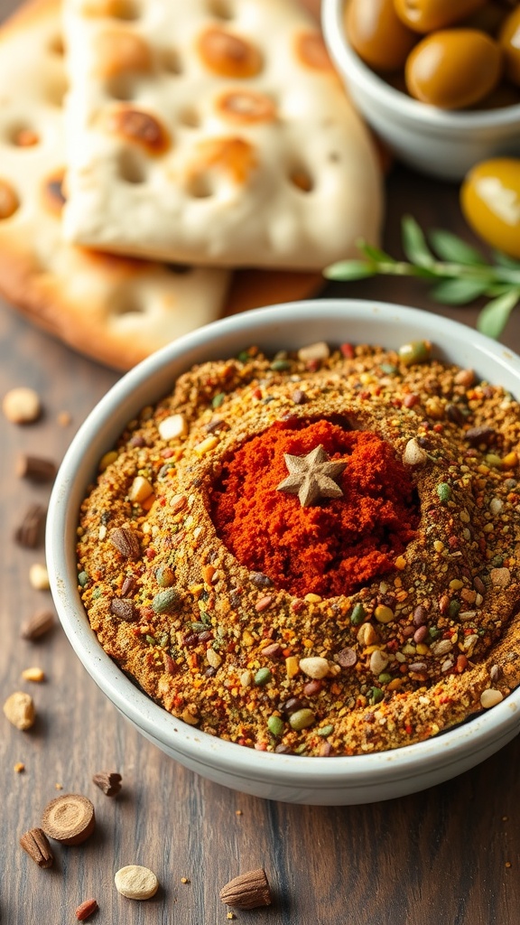 A bowl of Mediterranean spice rub surrounded by spices and pita bread.