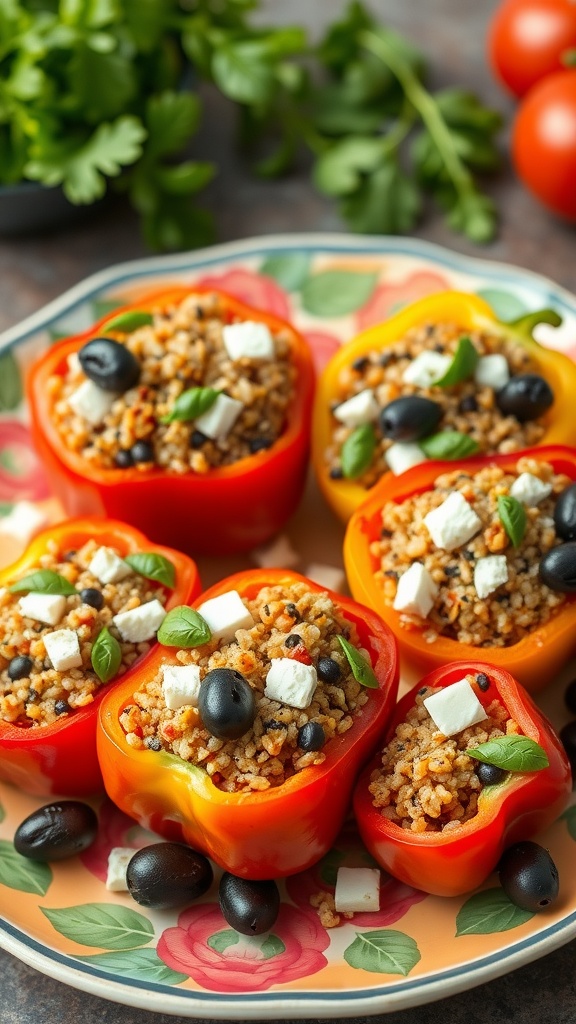 Mediterranean stuffed bell peppers on a colorful plate, garnished with basil.